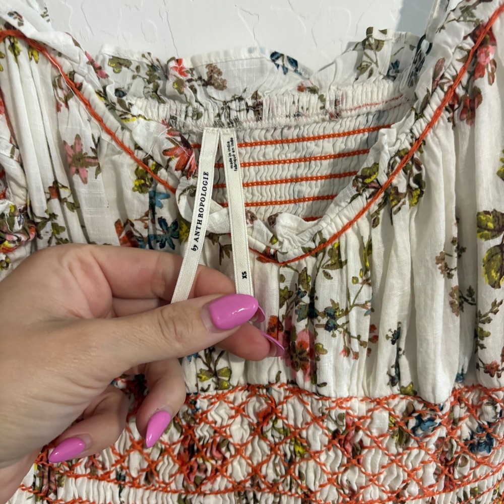 Anthropologie Floral Smocked Midi Dress White Orange Embroidery XS - Picture 5 of 6